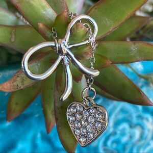 Silver Ribbon Heart Pave Set Swarovski Crystals Necklace